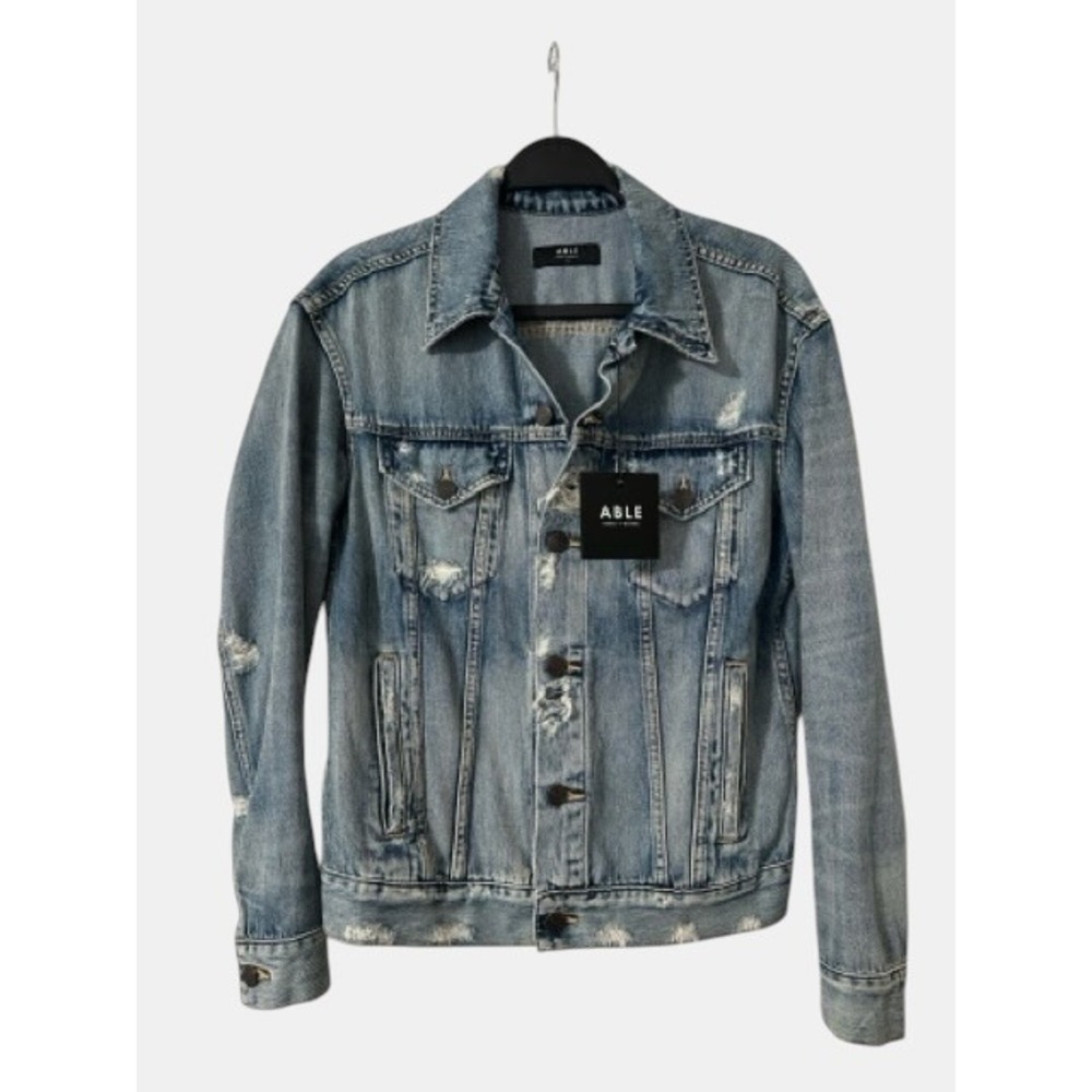 ABLE The Merly Trucker Distressed Indie Soft Denim Jacket Medium Wash Jacket M